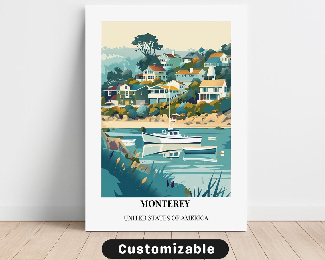 Monterey Coastal Harbor Vintage Travel Art Poster California Coast