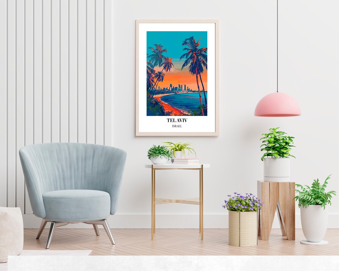 Tel Aviv Israel Beach Sunset Skyline Palm Trees Travel Poster - Image 2