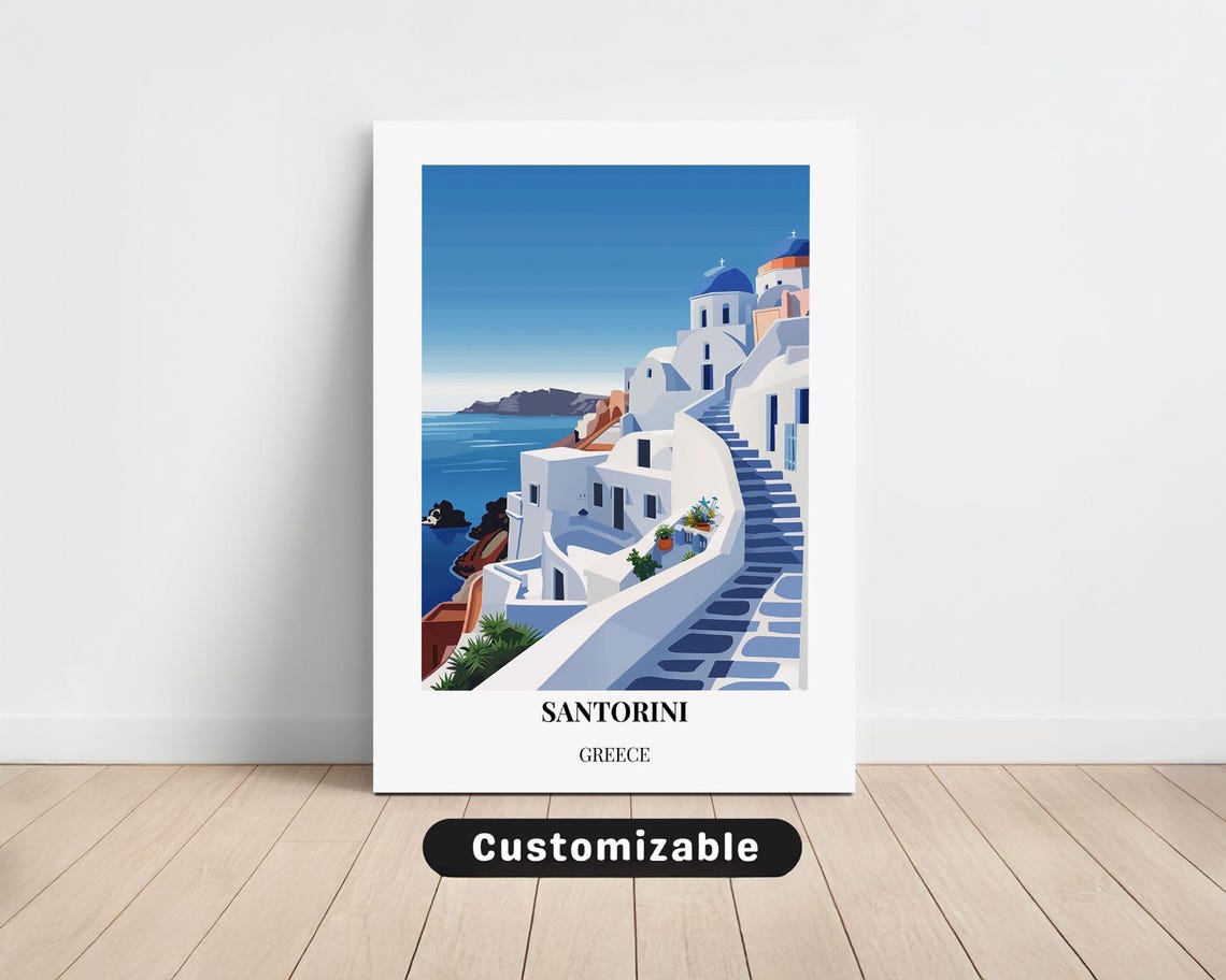 Santorini Greece White Village Blue Domes Aegean Art Travel Poster