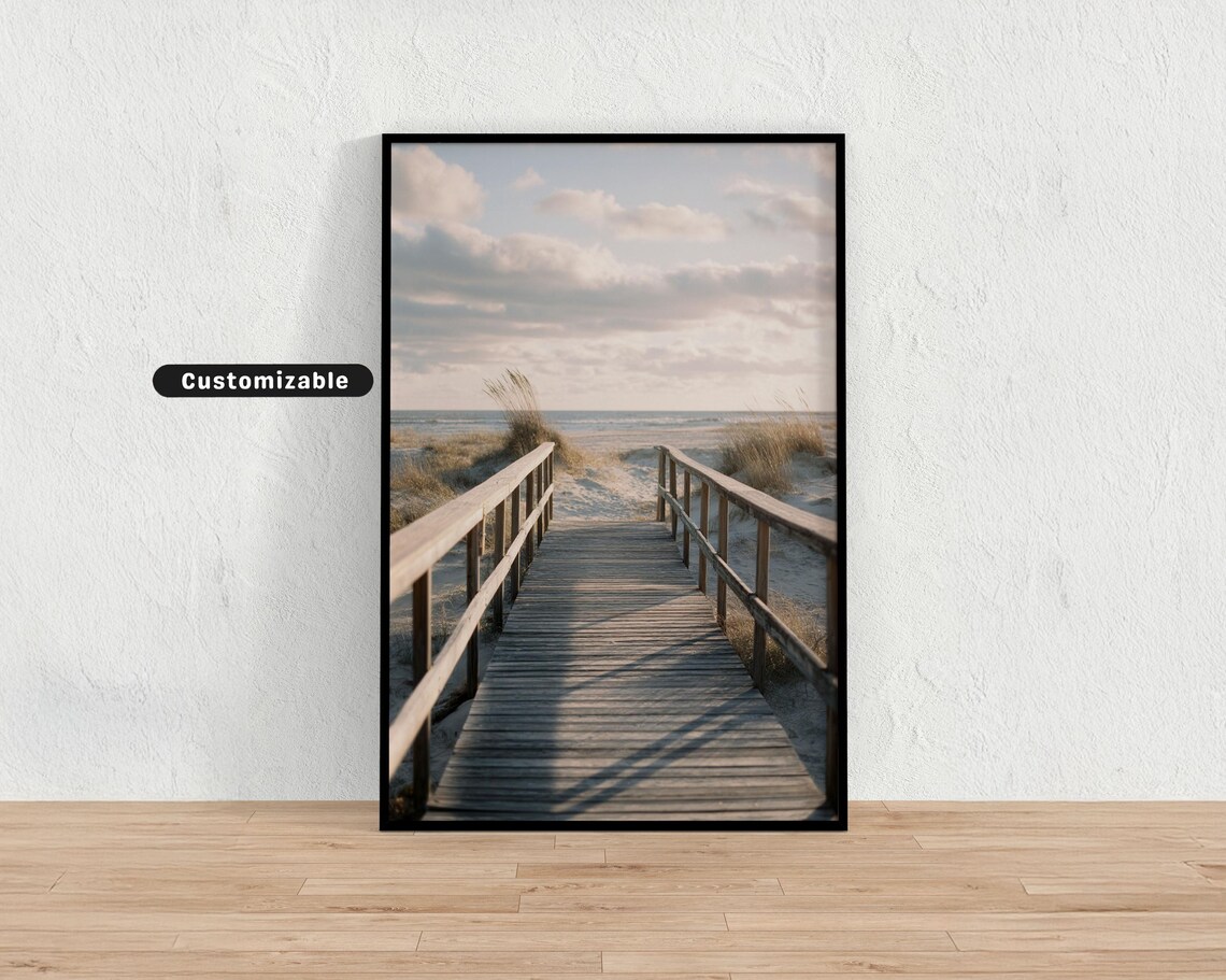Wooden Boardwalk To Ocean Beach Pale Sky Sunrise Coastal Print
