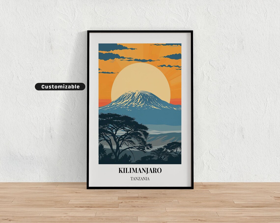 Kilimanjaro Tanzania Sunset Mountain Travel Poster for Safari Decor