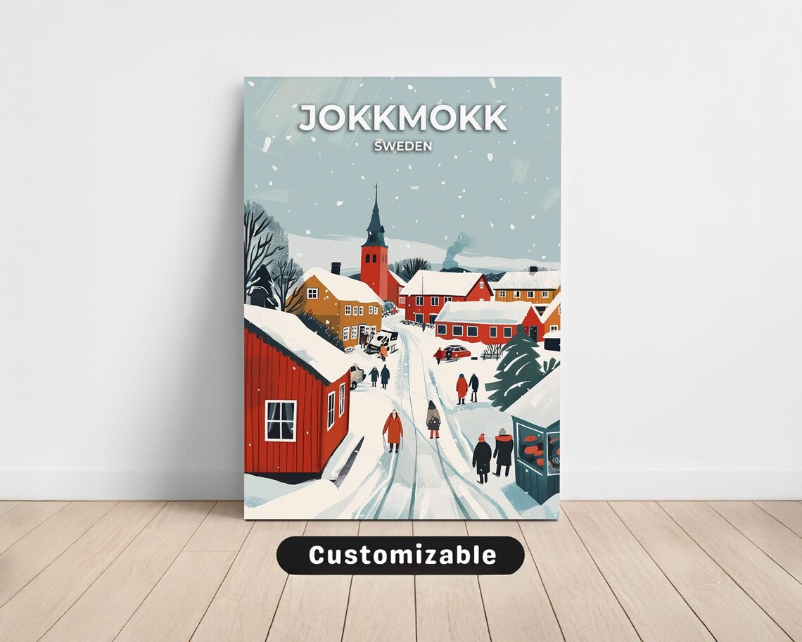 Jokkmokk Sweden Winter Skiers Snowy Village Scene Travel Poster