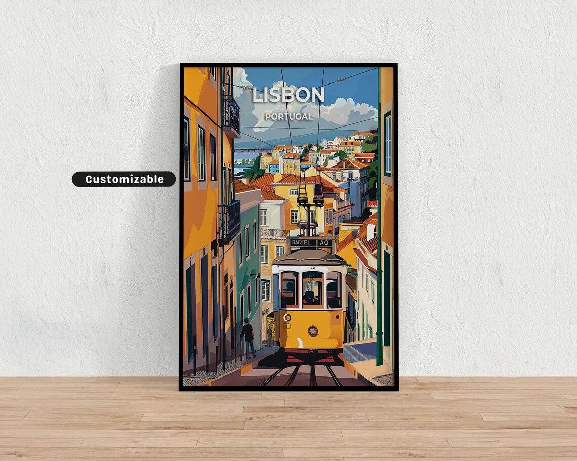 Lisbon Portugal Yellow Tram Travel Scene Retro Street Wall Art