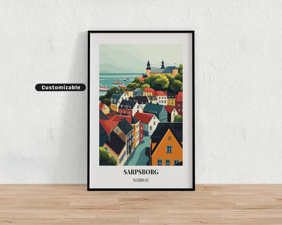 Sarpsborg Norway Customizable Colorful Old Town Travel Poster