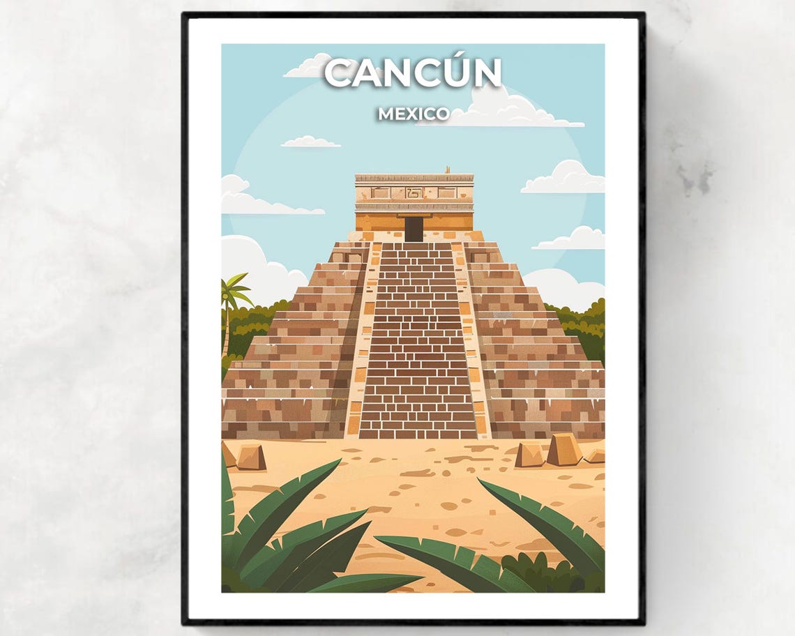 Cancun Mexico Poster with El Castillo Pyramid at Chichen Itza