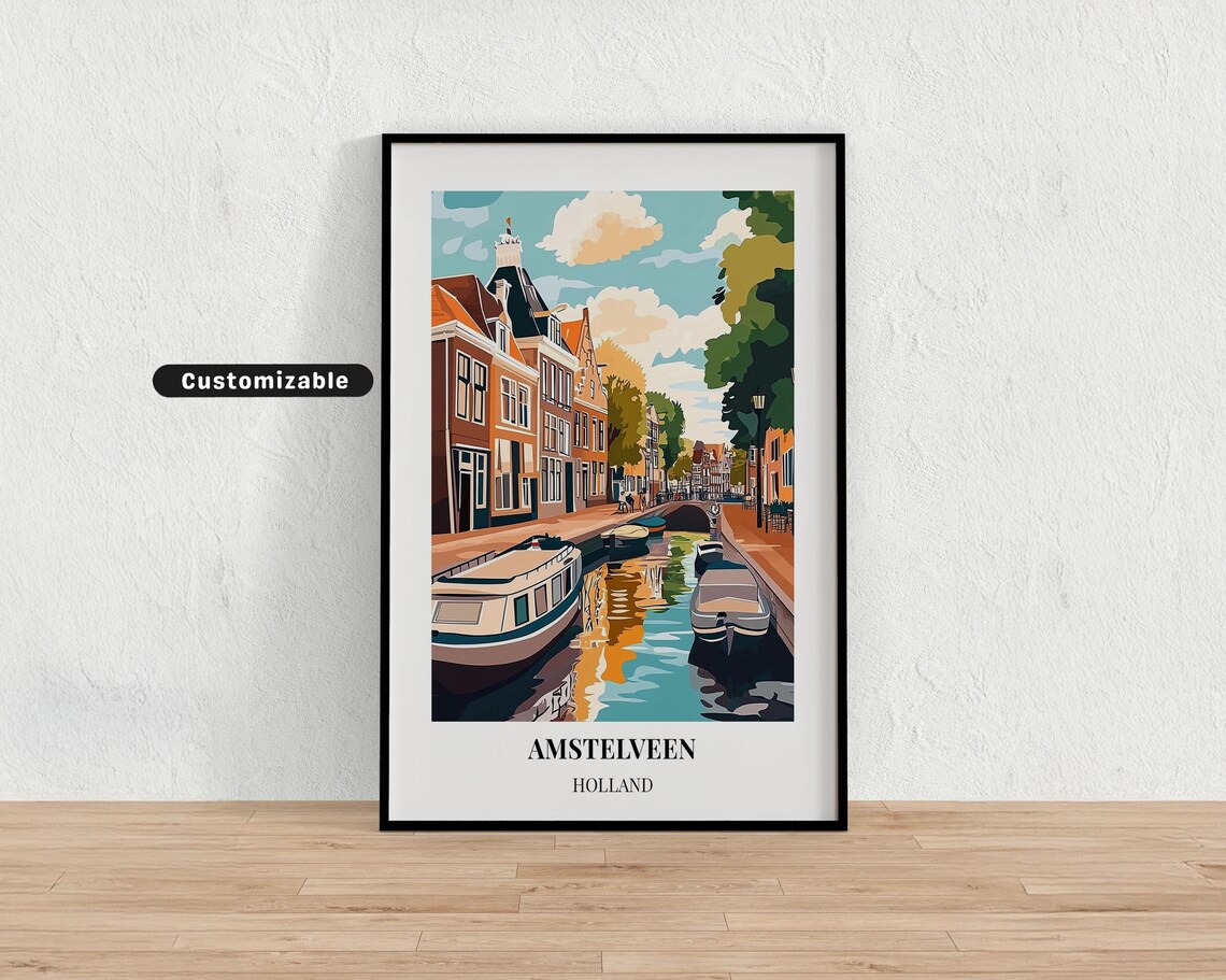 Amstelveen Holland Canal Boats Bridge Church Tower Travel Poster