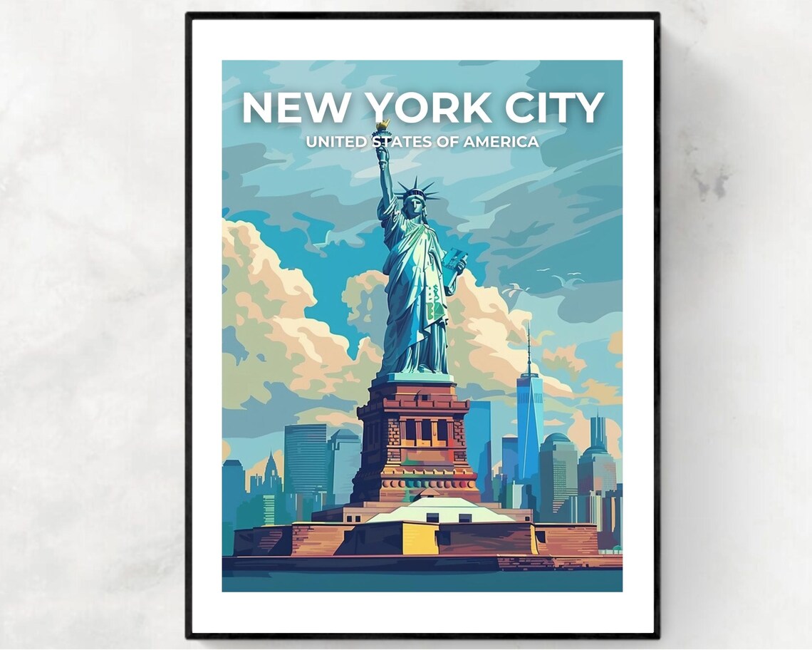 New York City Statue of Liberty Skyline Retro Travel Art Poster