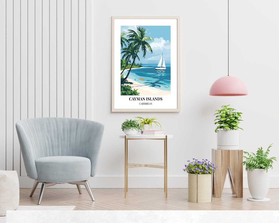 Cayman Islands Caribbean Sailboat Near Beach Umbrella Palms Poster - Image 2