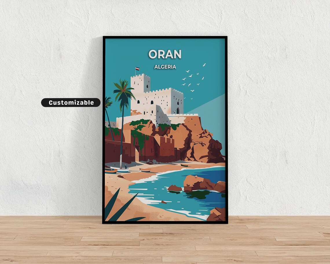 Oran Algeria Travel Poster White Fortress on Cliff Beach Art