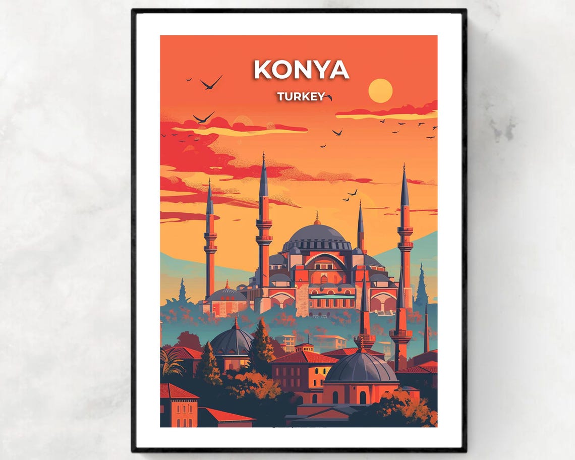 Konya Turkey Mosque Domes And Minarets At Fiery Sunset Poster