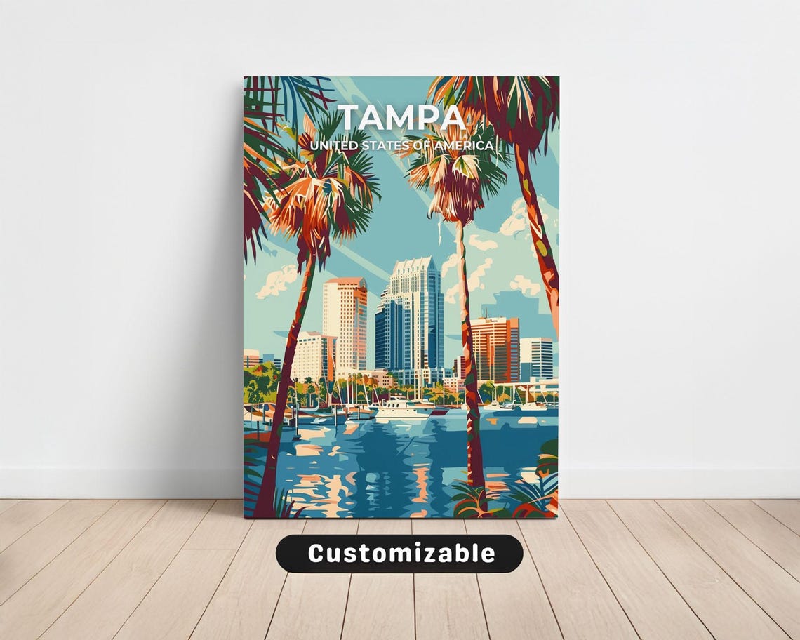 Tampa Florida Waterfront Travel Poster with Palms and Skyline