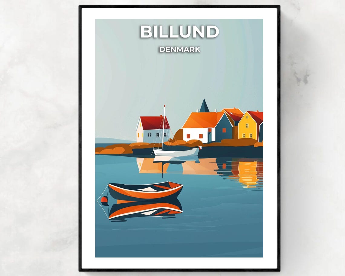 Billund Denmark Harbor Reflections Red Houses Sailboats Poster
