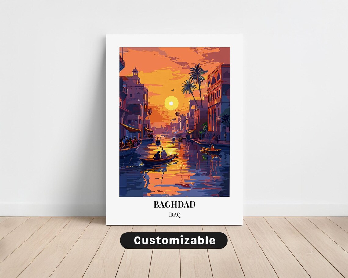 Baghdad Iraq Purple Sunset Canal Boats Old Town Travel Poster