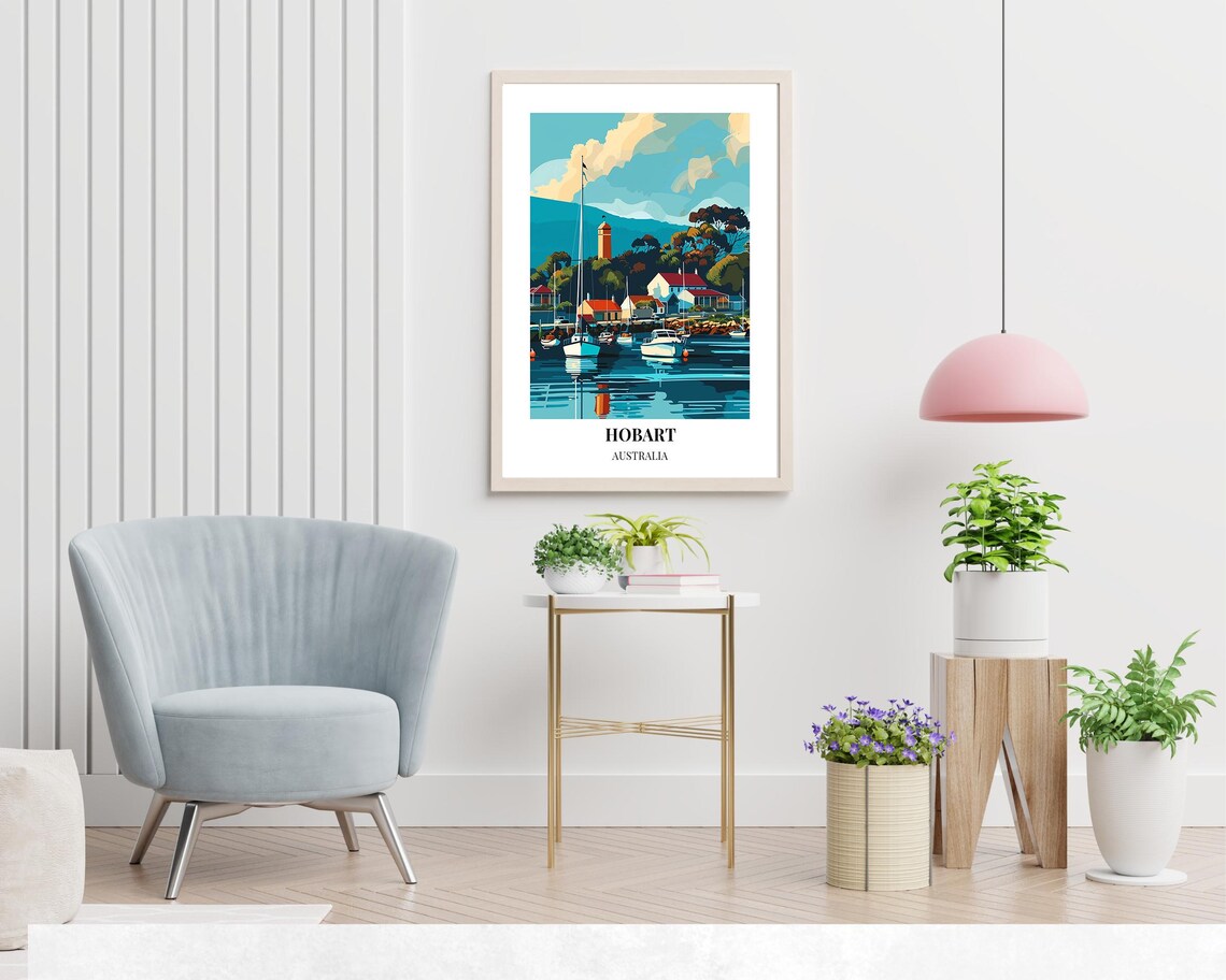 Hobart Australia Colourful Harbour Boats Lighthouse Travel Poster - Image 2