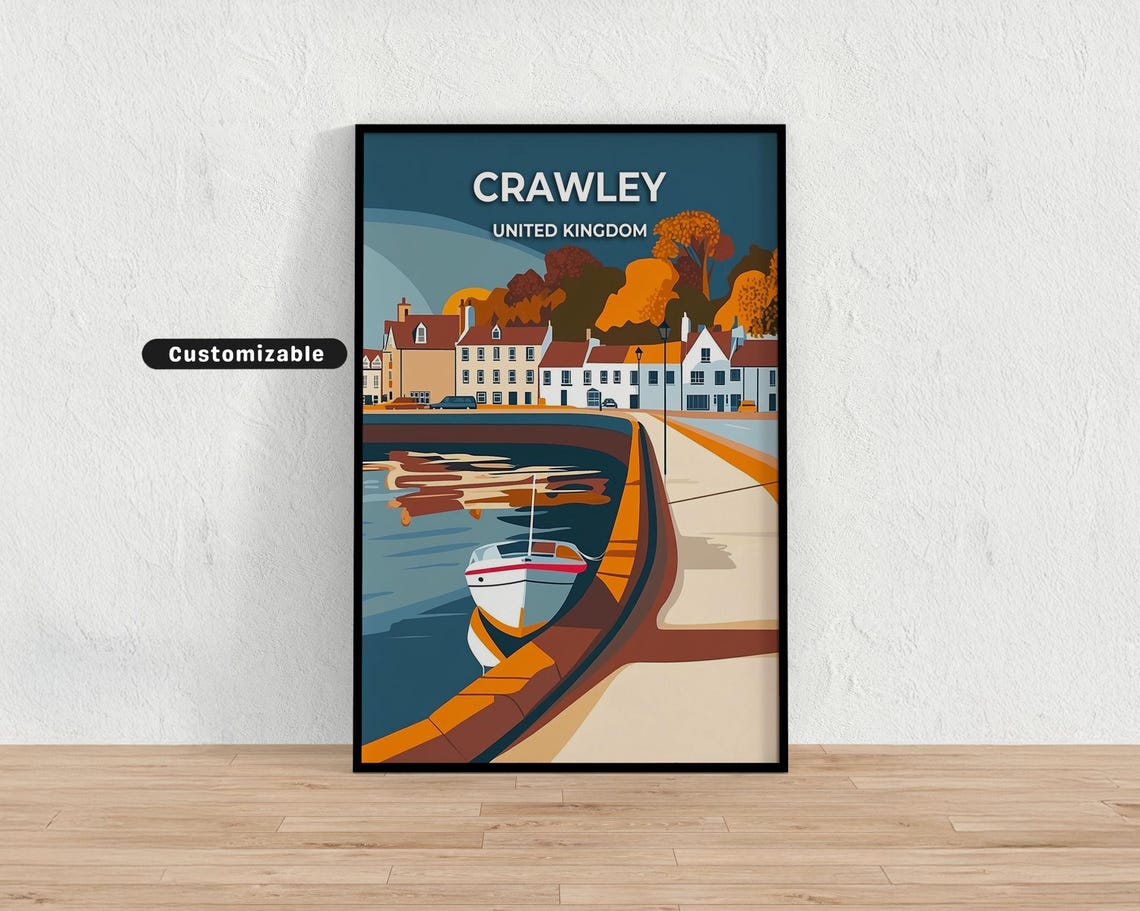 Crawley United Kingdom Canal Boat Autumn Custom Travel Poster