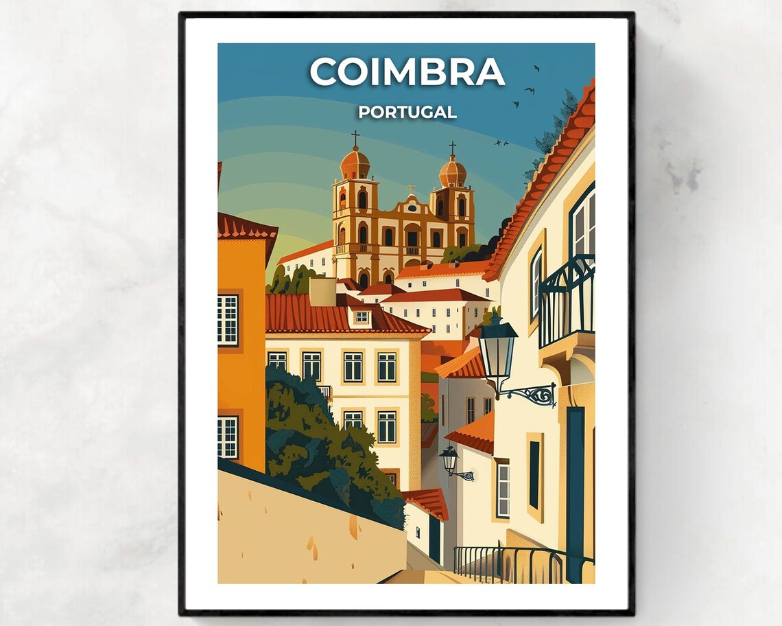 Coimbra Portugal Old Town Poster with Cathedral and Tiled Street