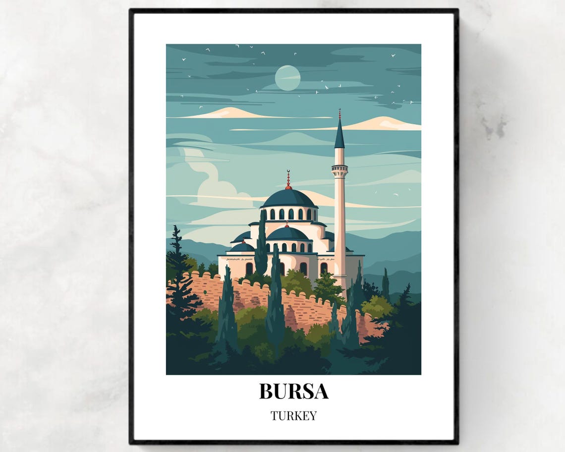 Bursa Turkey Grand Mosque Ulu Cami Under the Moon Travel Poster