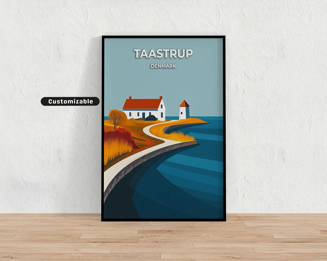 Taastrup Denmark Coastal House Lighthouse Golden Grass Travel Poster