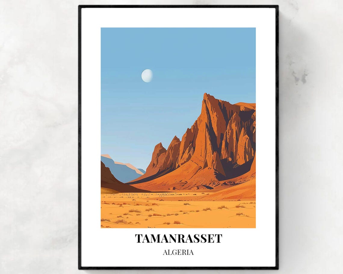 Tamanrasset Algeria Desert Mountain Minimalist Moonlit Art Poster