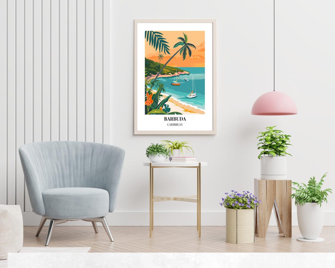 Barbuda Caribbean Orange Sunset Bay Sailboats Palm Shore Poster - Image 2