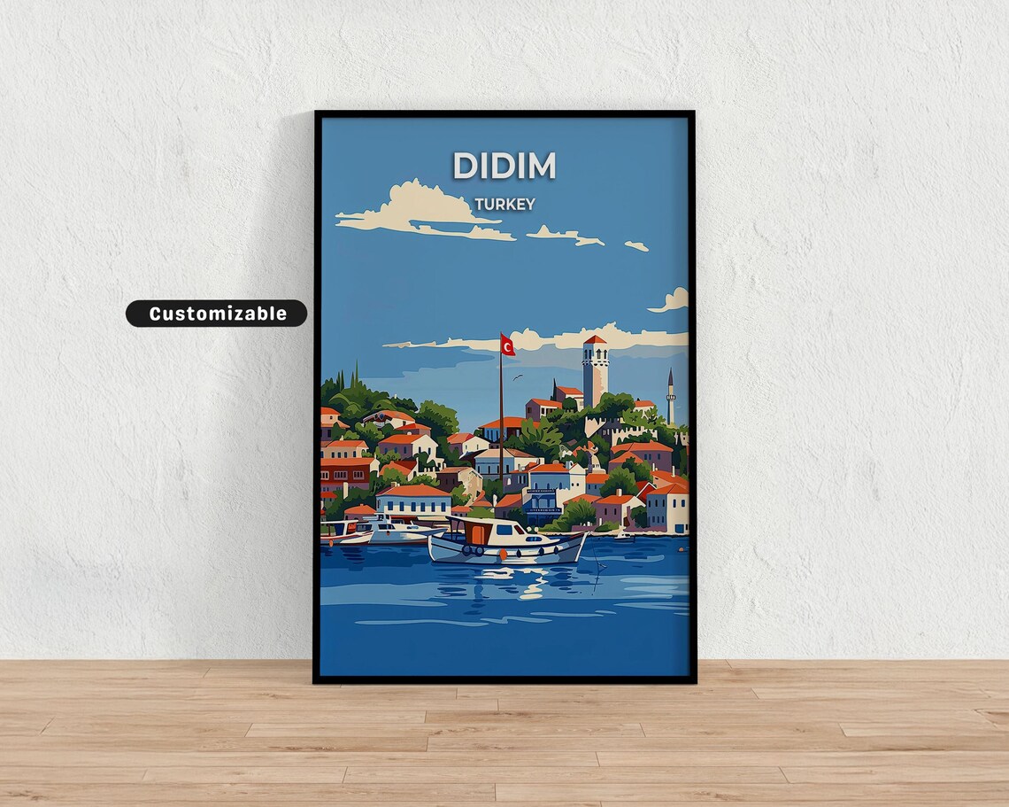 Didim Turkey Coastal Harbor Travel Poster Aegean Village Boats Scene