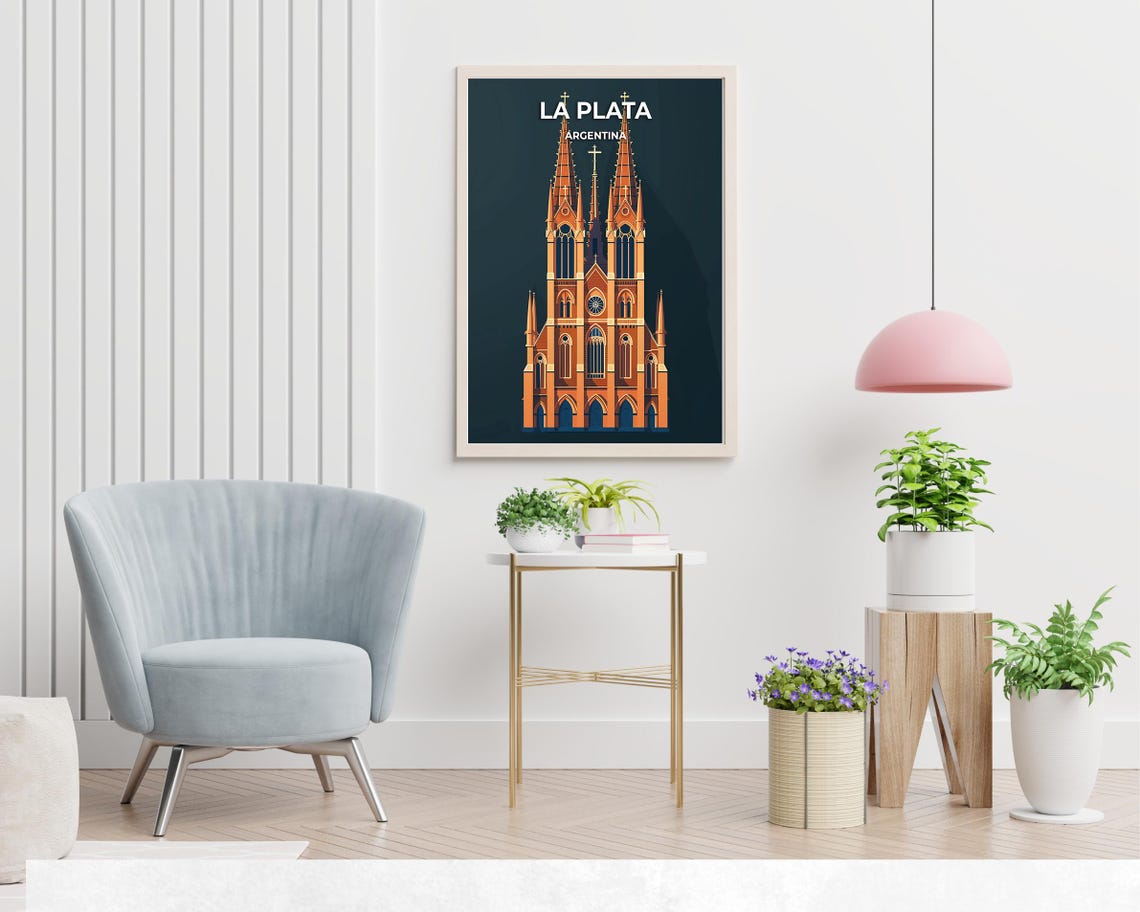 La Plata Argentina Gothic Cathedral Illuminated Night Poster - Image 2