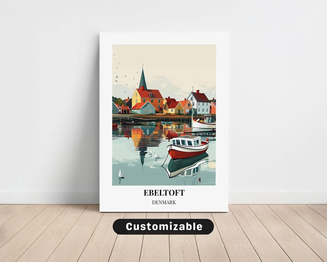 Ebeltoft Denmark Harbor Boats Church Spire Reflections Travel Poster