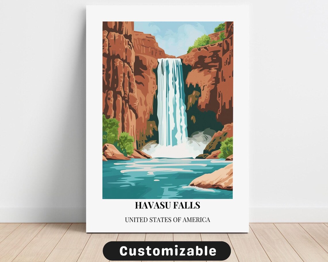 Havasu Falls USA Retro Travel Poster Turquoise Water Red Rocks Style Decor
