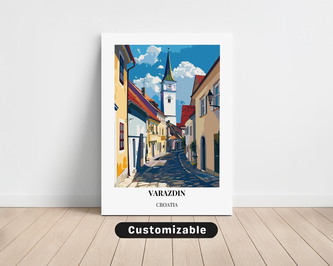 Varazdin Croatia Cobblestone Street Church Spire Travel Art Poster