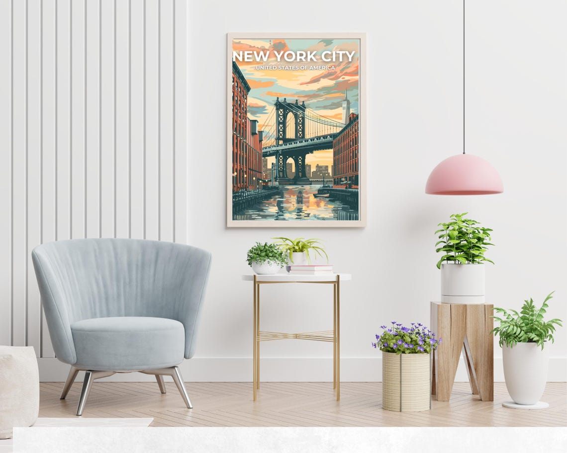 New York City Bridge Full Bleed Top Text Sunset Travel Poster - Image 2