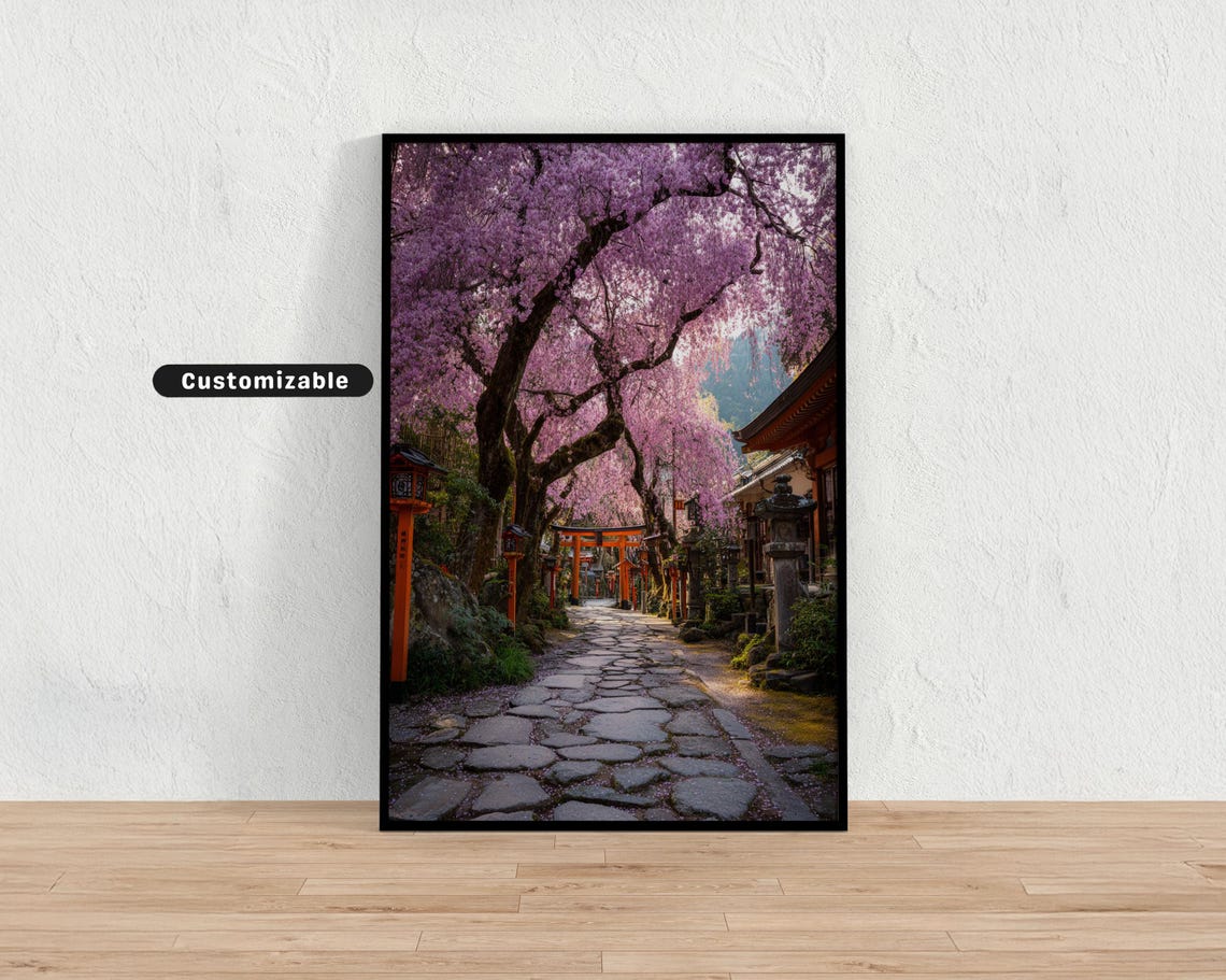 Cherry Blossom Trees In Full Bloom Lining Path To Ancient Shrine Japanese Wall Art Print Zen Asian Decor