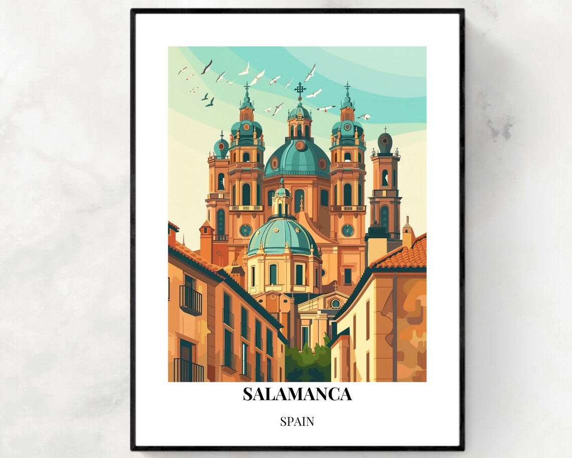 Salamanca Spain Cathedral Towers and Old Street Travel Poster