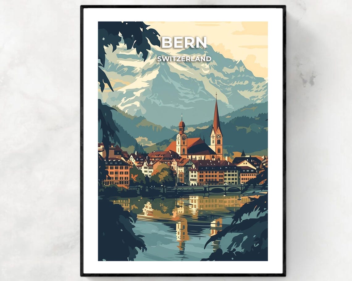 Bern Switzerland Old Town River Alpine Mountains Travel Poster