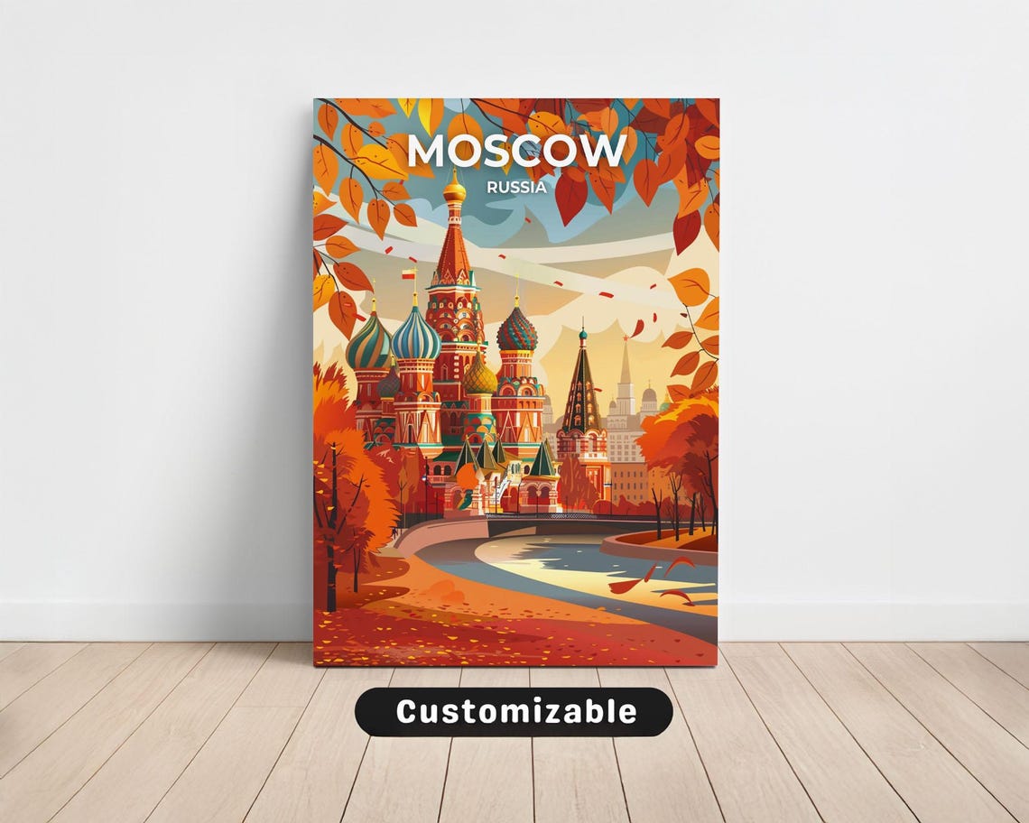 Moscow Russia Travel Poster Saint Basils Cathedral Autumn Leaves Art