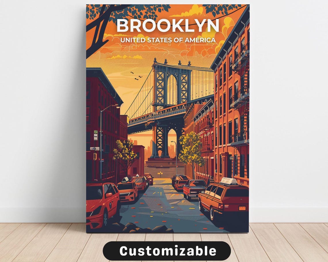 Brooklyn Manhattan Bridge Sunset Street Scene Retro Travel Poster