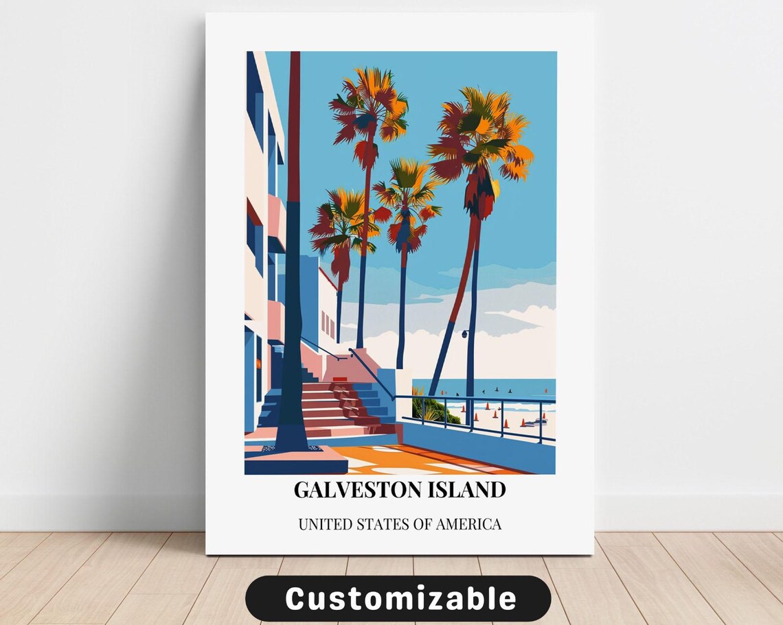 Sunny Coastal Galveston Island Texas Beach Palm Trees Travel Poster
