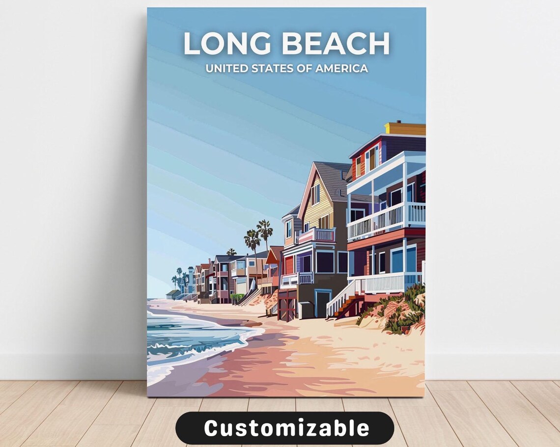 Long Beach California Travel Poster with Beachfront Houses and Palms