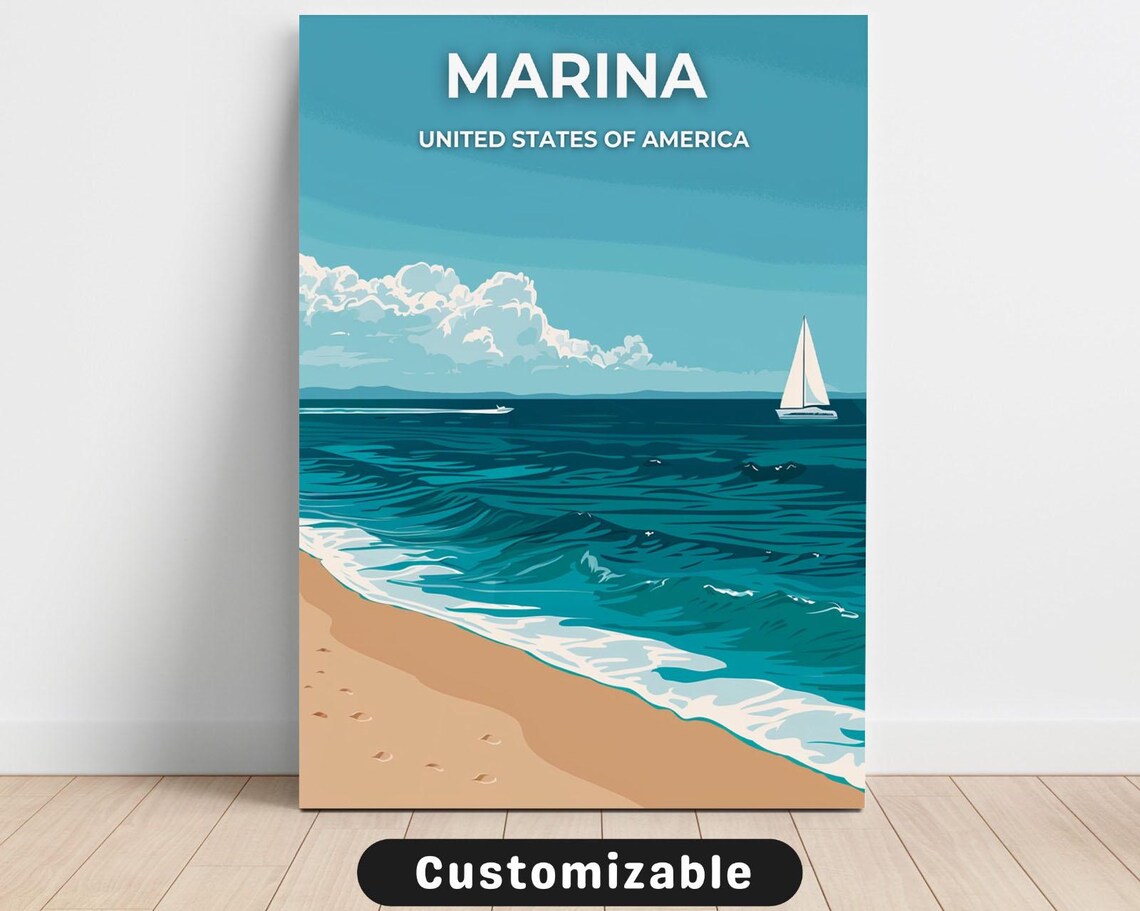 Marina Beach Sailboat Turquoise Waves Retro Travel Canvas Poster