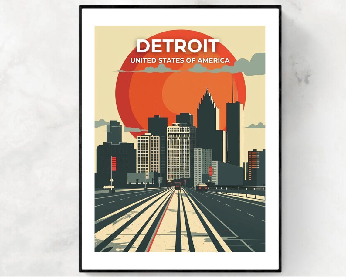 Detroit Red Sun Skyline Vintage Travel Poster with Top Title Text