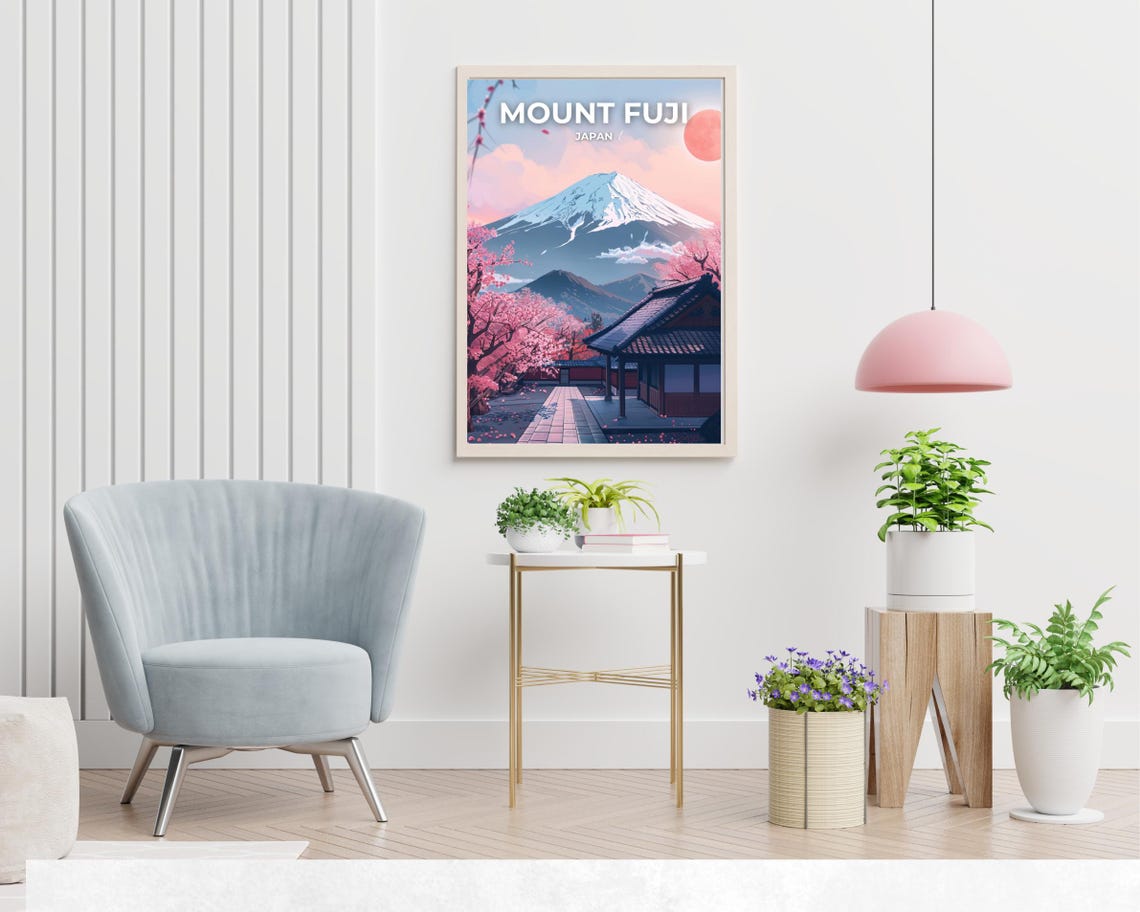 Mount Fuji Japan Cherry Blossom Temple Pink Sunset Travel Poster - Image 2