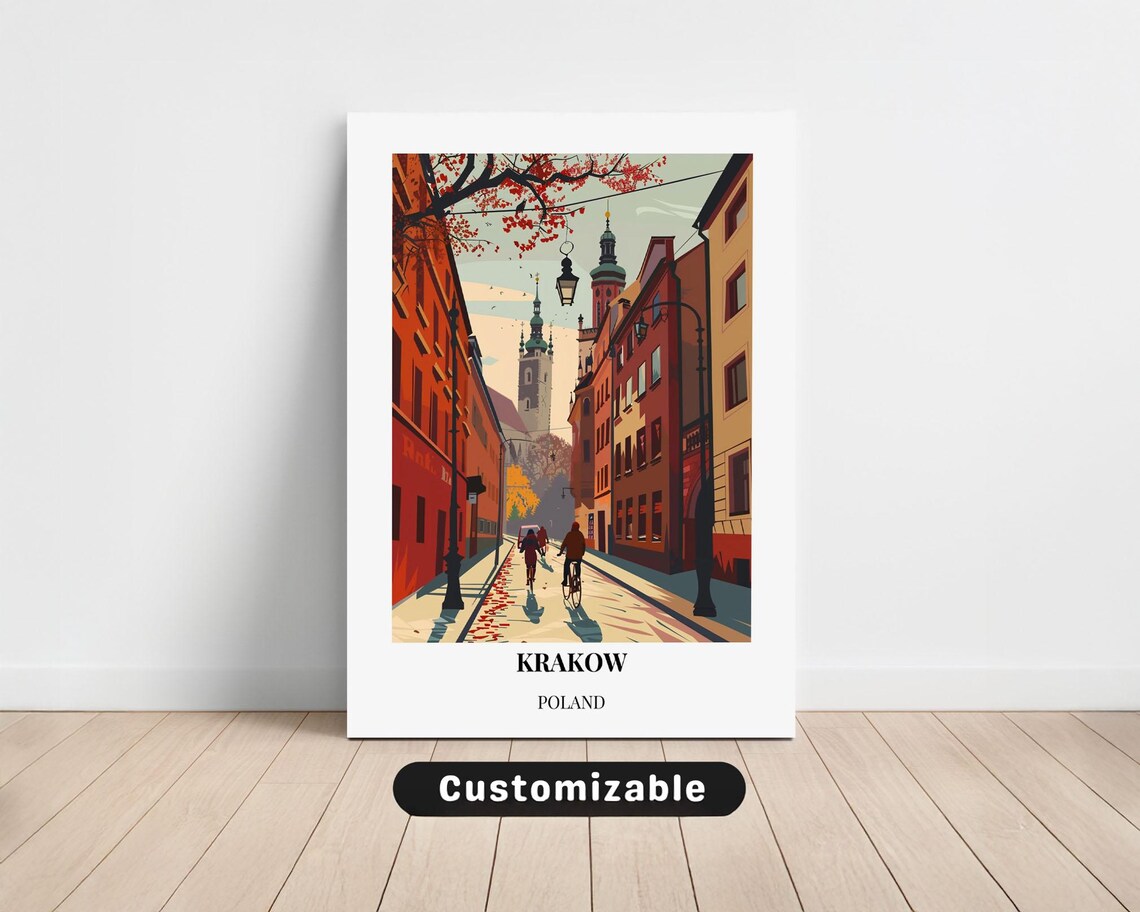 Krakow Poland Old Town Street Cyclists Warm Vintage Travel Poster