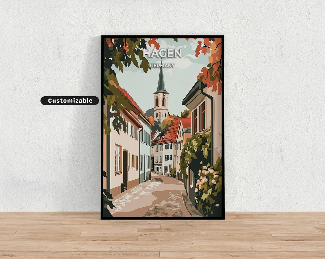 Hagen Germany Vintage Travel Art Old Town Church Street Scene Poster