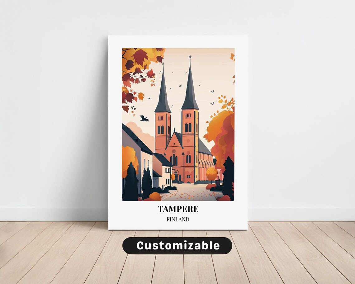 Tampere Finland Twin Spired Church Autumn Travel Illustration Poster