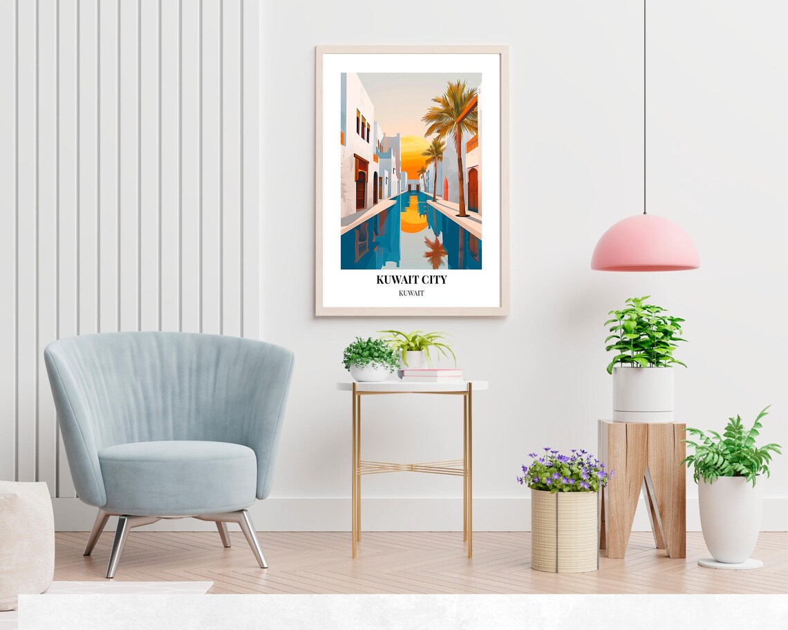 Kuwait City Old Town Canal Sunset White Houses Palm Travel Poster - Image 2
