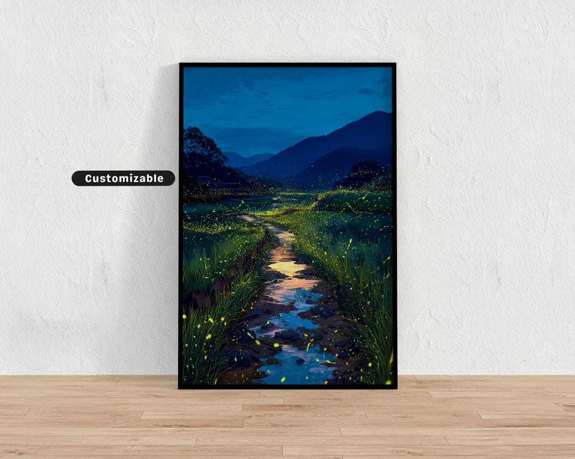 Evening Scene Of Fireflylit Countryside Path In Japan Japanese Wall Art Print Zen Asian Decor