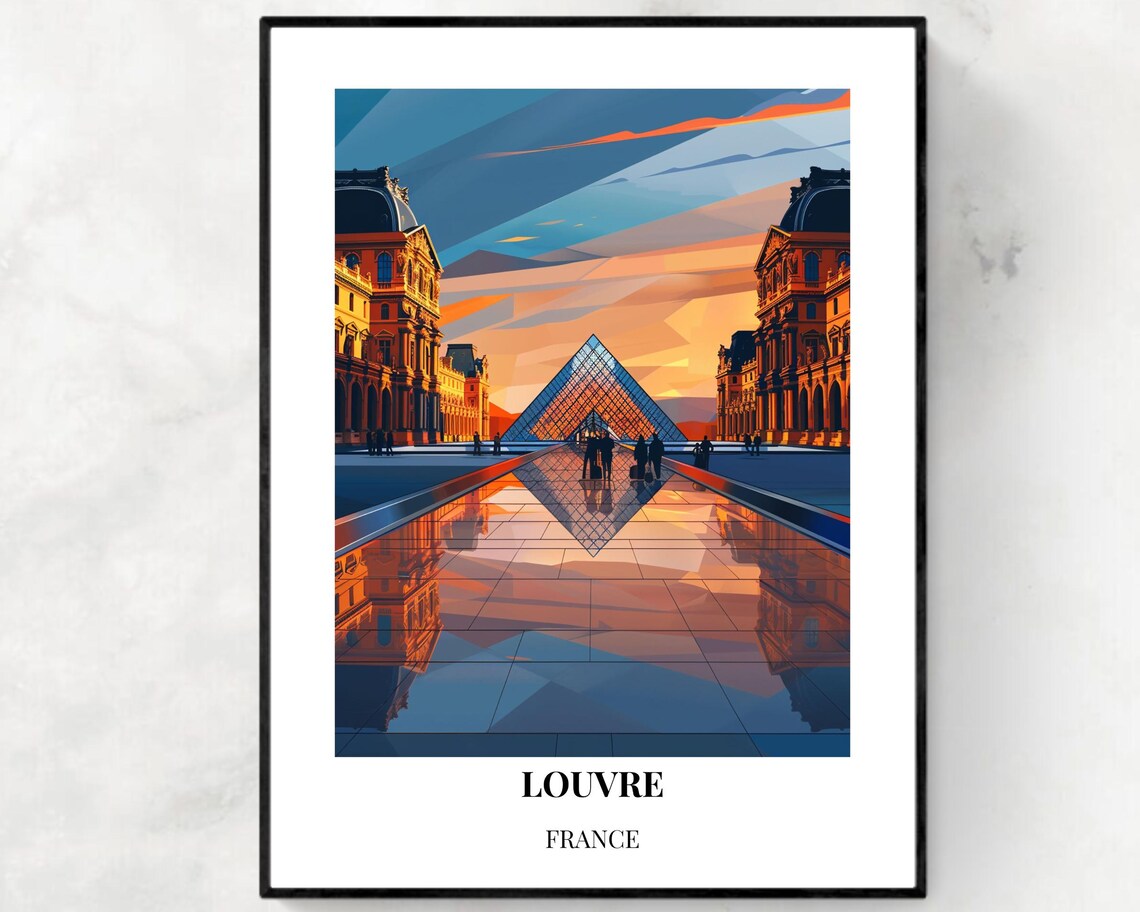 Louvre France Glass Pyramid at Sunset Vintage Paris Art Poster