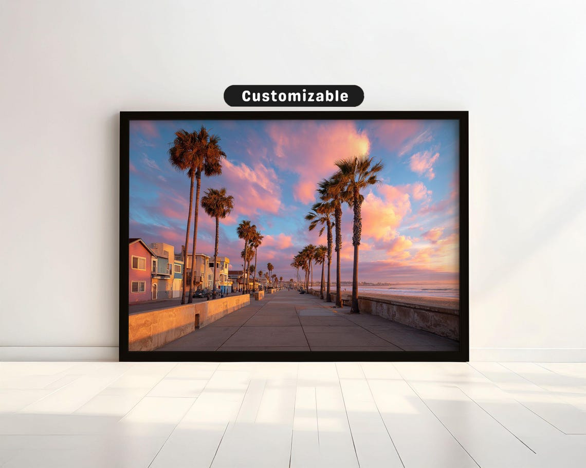 Palm Lined Beach Boardwalk Pastel Sunset Coastal Photo Poster