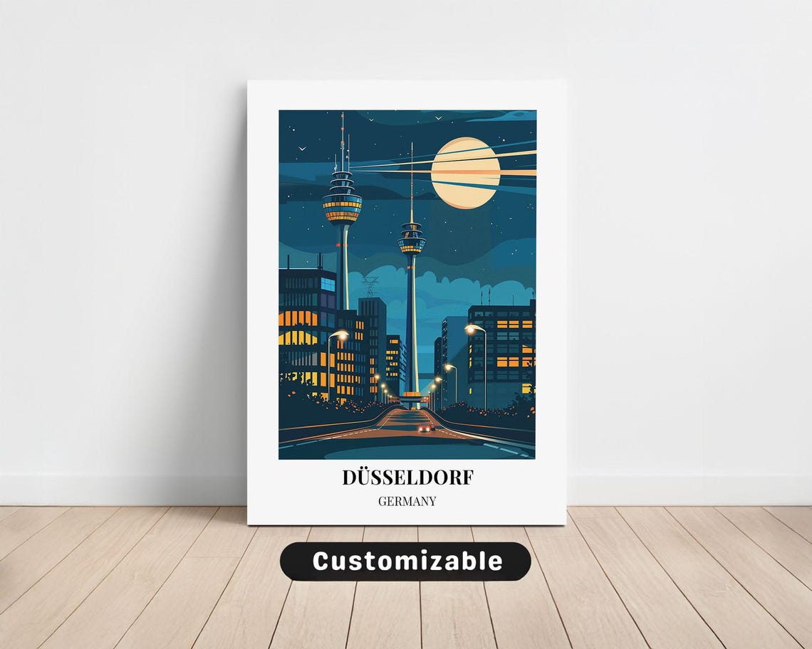Düsseldorf Germany Rheinturm Tower Moonlit Night Skyline Poster