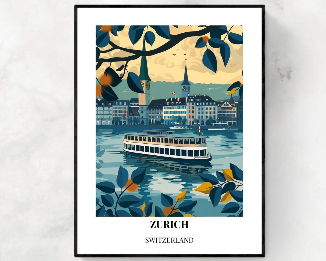 Zurich Switzerland Lake Steamer and Old Town Vintage View Poster
