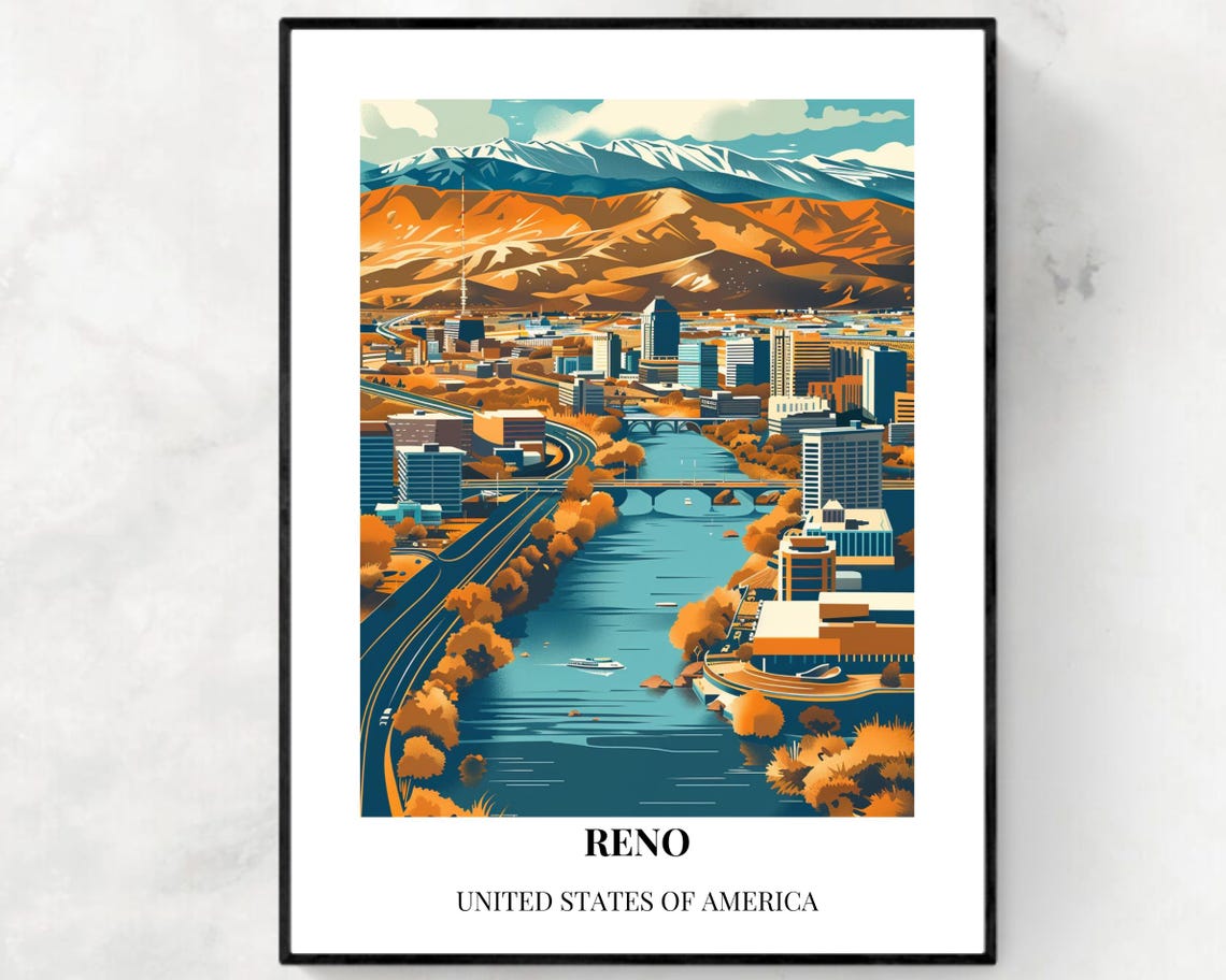 Reno Autumn Riverside Golden Hills Vintage-Style Travel Poster